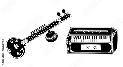 Indian classical music instruments: sitar and harmonium illustration