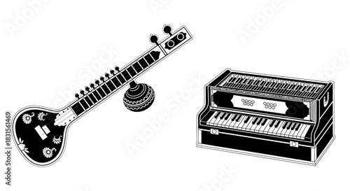 Sitar and harmonium traditional indian musical instruments vector