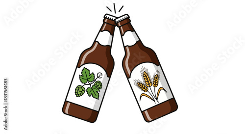 Beer bottles toasting, hops and wheat ingredients graphic art