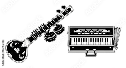 Traditional indian sitar and harmonium musical instruments icon