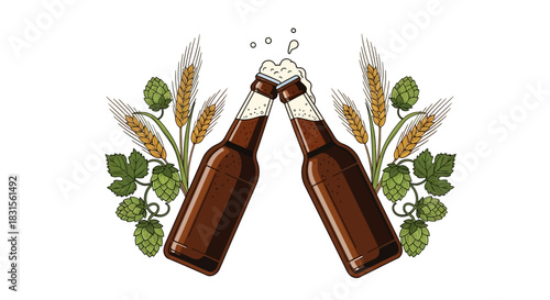 Two beer bottles clinking, hops and wheat illustration vector.