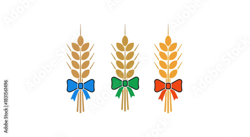 Three stylized wheat ears with colorful bows, vector graphic design