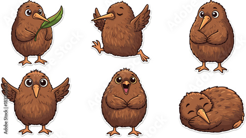 Collection of adorable kiwi bird illustrations showcasing various poses and expressions, isolated on white background perfect for childrens books and educational materials