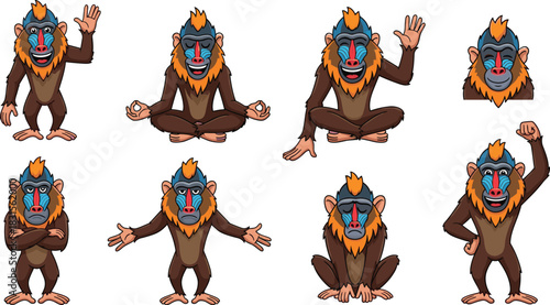 Cartoon mandrill character in different poses isolated on white background cute monkey animal mascot with various expressions and gestures