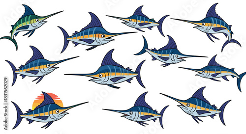 A group of marlin fish swimming together in different directions isolated on white background, showcasing their sleek bodies and pointed bills in a dynamic composition