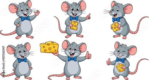 Collection of cute cartoon mice in various poses, holding cheese, waving, and giving thumbs up isolated on white background vector illustration