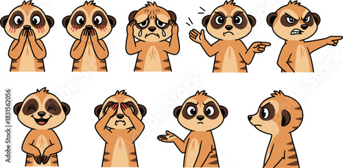 Collection of meerkat character expressing various emotions isolated on white background cute cartoon meerkat showing different expressions, such as happy, sad, angry