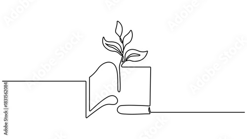 Opened book with sprout plant continuous one line drawing, Education study and knowledge concept in simple linear style. Doodle contour vector illustration. Growing wisdom. Editable outline