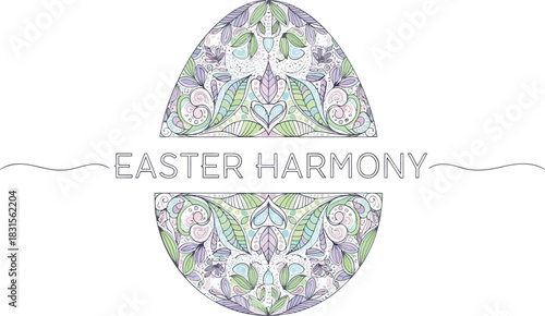 Intricate mandala patterned easter egg design with the words easter harmony on a black background