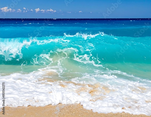 Clear turquoise wave cresting over a sandy shore with white foam. The sky is a vibrant blue, offering a beautiful beach scene