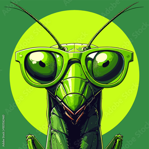 stylized cartoon praying mantis wearing glasses