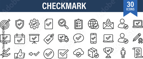 Minimal line checkmark icons collection for business, approval, success, productivity, task management, verification, and digital user interface design resources.