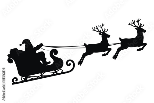 Santa claus riding sleigh with flying reindeer silhouette vector, Christmas santa sleigh vector illustration