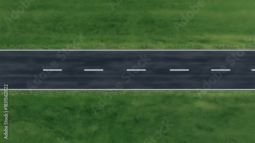 3D render of a straight asphalt road with white markings. Straight way, line. Empty asphalt surface. Top view of a straight asphalt road with white dashed lane markings