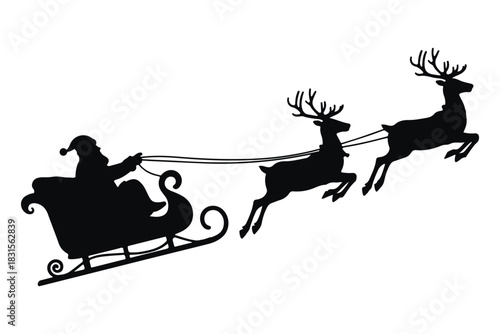 Santa claus riding sleigh with flying reindeer silhouette vector, Christmas santa sleigh vector illustration