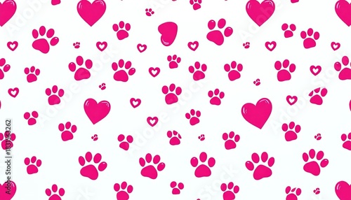 Adorable seamless pattern featuring pink hearts and paw prints on a white background,  graphic,  charming