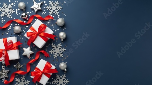 Christmas Gifts with Red Ribbons and Ornaments on Blue Background