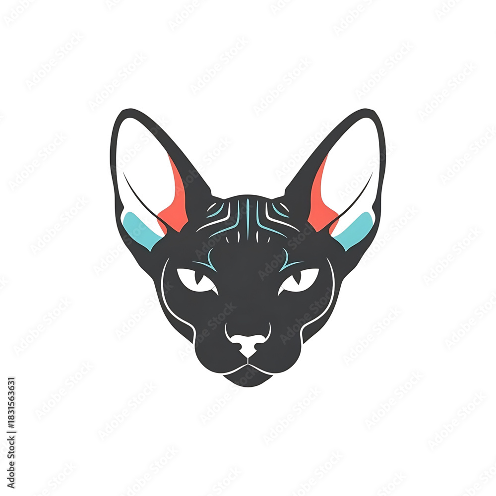 Fototapeta premium Sphynx cat head, abstract geometric logo, dark neon colors, mystical feline design
