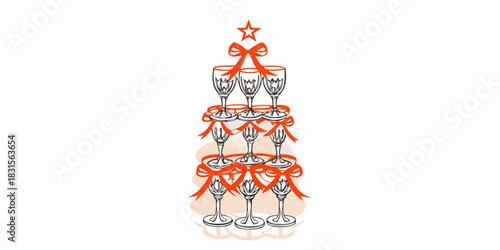 Champagne glass tower with red bows and star topper illustration