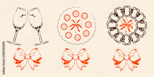 Hand drawn celebration elements champagne glasses rosettes and bows for festive designs