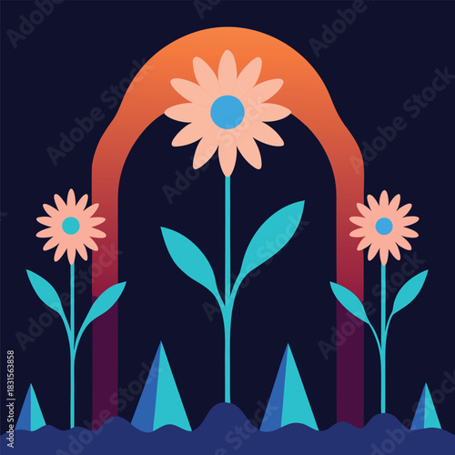 Vibrant abstract garden illustration with arch and stylized flowers.