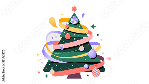 Festive Spruce: A vibrantly decorated spruce tree, adorned with colorful ornaments and a shimmering star, stands as a symbol of seasonal cheer and celebration.