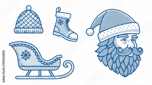 Charming Santa Claus sleigh and winter gear for festive holiday cheer celebrations and seasonal designs originally vector