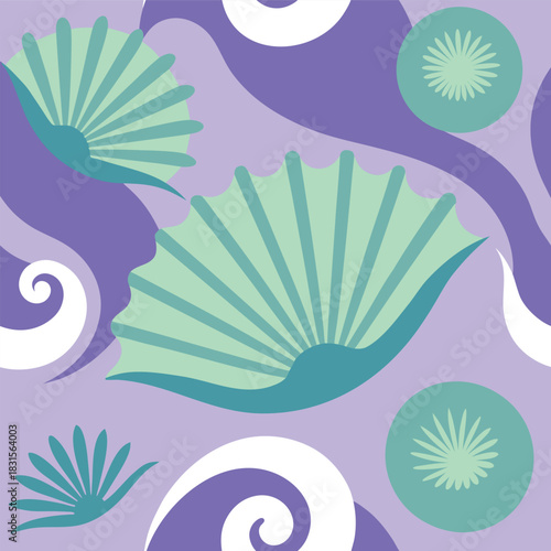 Vibrant abstract fan pattern and swirls on a lavender background