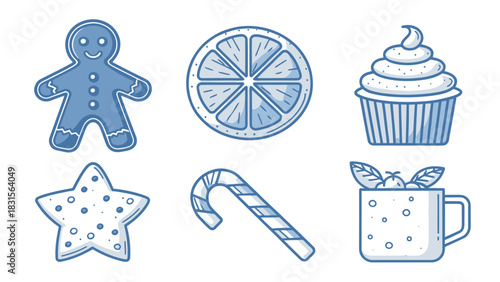 Cheerful winter holiday sweets collection, gingerbread man, candy cane, star cookie, festive treats, vector graphics