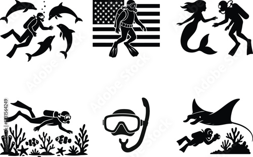 High quality scuba diving silhouette bundle set offering bold diver graphics