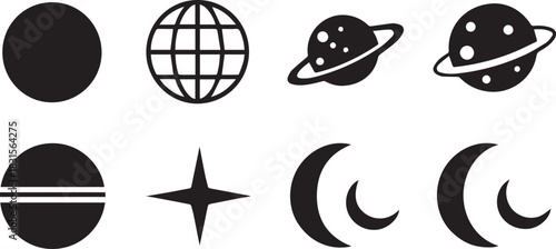 Collection of black icons representing celestial bodies and space objects