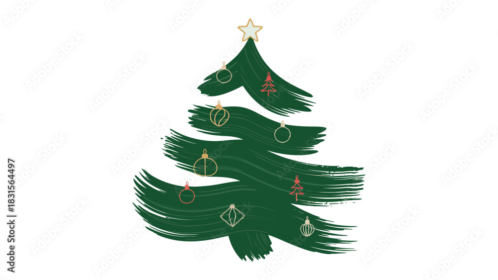 Obraz premium Festive Brushstroke Tree: A stylized evergreen tree, crafted with vibrant brushstrokes, adorned with decorative ornaments and a shining star.