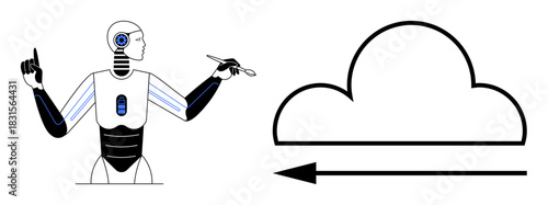 Cloud computing concept. Futuristic AI robot gesturing towards a cloud computing icon data access and advanced technologies. Cloud computing is essential in AI development and data analysis. Perfect