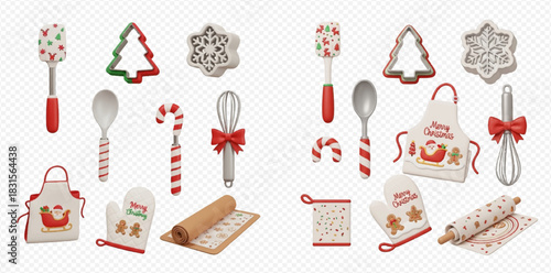 Collection of festive Christmas baking tools and kitchen accessories, including cookie cutters, spatulas, whisks, aprons, and oven mitts.