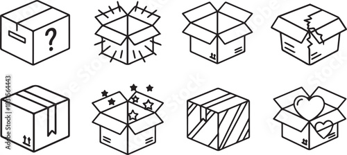 Set of eight line art icons representing different types of boxes