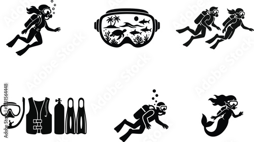 Premium scuba diving silhouette bundle set with detailed underwater elements