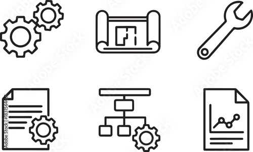 Set of six icons representing engineering and project management concepts