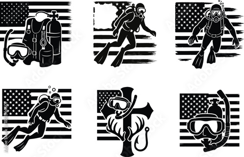 scuba diving silhouette bundle set with detailed underwater elements