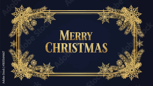 Elegant Merry Christmas greeting with golden snowflakes and festive decorations for holiday cheer, vector graphic