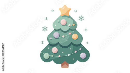 Festive Evergreen Embellished: A stylized Christmas tree adorned with ornaments and a radiant star, snowflakes scattered around, evoking holiday spirit and warmth.