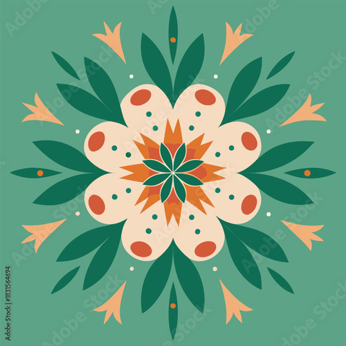 Stylized floral mandala pattern with geometric elements on green