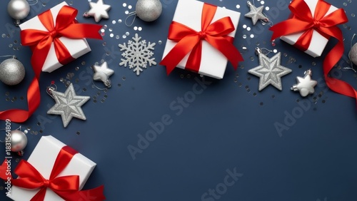Christmas Gifts with Red Ribbons and Ornaments on Blue Background