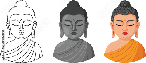 Buddha head in three different styles isolated on white background outline, grayscale, and color version, perfect for spiritual or cultural projects