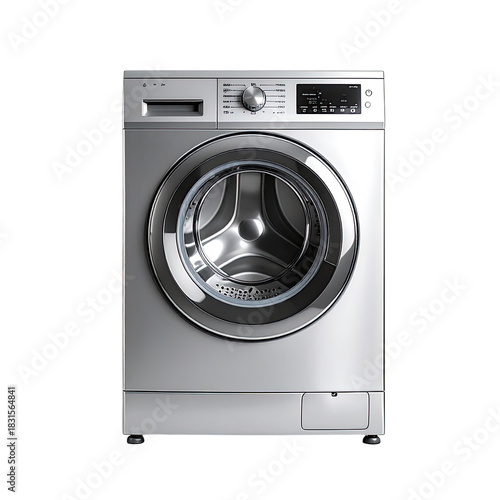 Metallic front-load washing machine with digital display on black backdrop