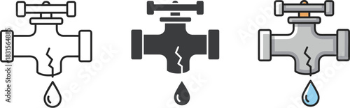 Illustration of a broken water tap with a drop of water, representing plumbing issues, water damage, and the need for repair isolated on white background