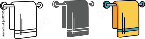 Illustration of a towel hanging on a rack, isolated on white background the towel is shown in three different styles outline, gray, and yellow perfect for bathroom or spa designs