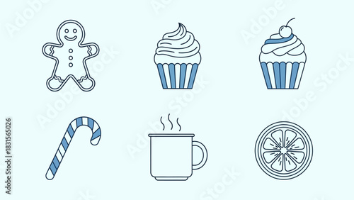 Festive winter sweets and treats, gingerbread man, cupcakes, candy cane, coffee cup and orange slice