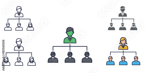 Illustration of a hierarchical organizational chart, depicting the structure of a company or organization, isolated on white background