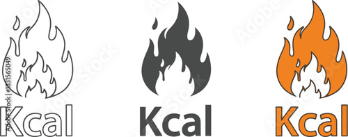 Kcal icon set isolated on white background collection of three different style icons of calories or energy symbol of diet, nutrition, healthy eating and weight loss