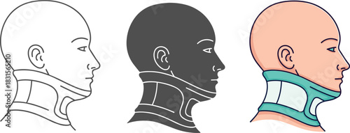 Illustration of a person wearing a neck brace, shown in three different styles outline, silhouette, and full color isolated on white background